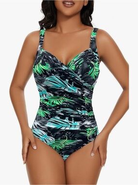 Aqua Regina Plus Swimsuit One Piece Ruched Tummy Control B/Leaf Tropical 3XL NWT
